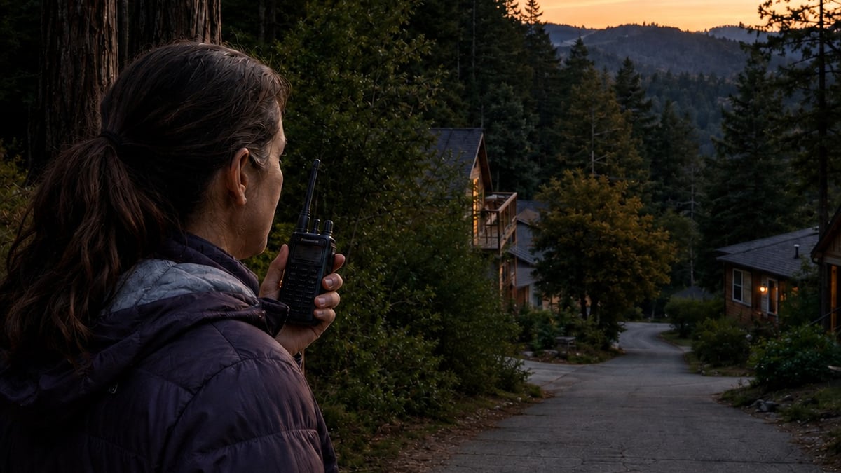 Woman talking on walkie talkie